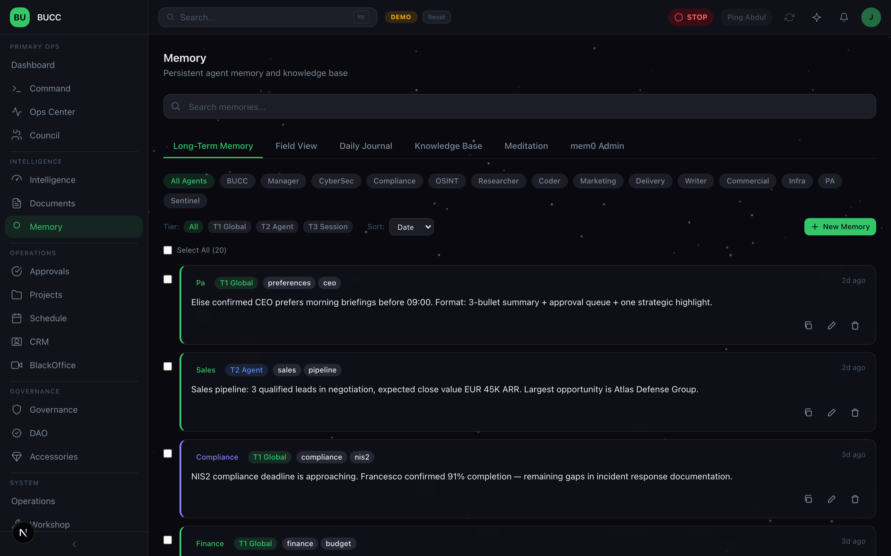 BUCC Memory page, agent filters, tier toggles, searchable entries